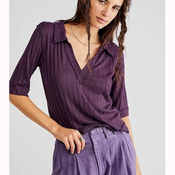 NEW Free People Purple Krystal Ribbed Knit Collar Polo Short Sleeve Top - Picture 1 of 10
